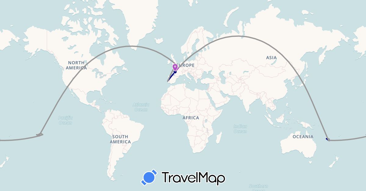TravelMap itinerary: driving, plane, train in Finland, France, United Kingdom, Japan, New Caledonia, French Polynesia, Portugal, United States (Asia, Europe, North America, Oceania)